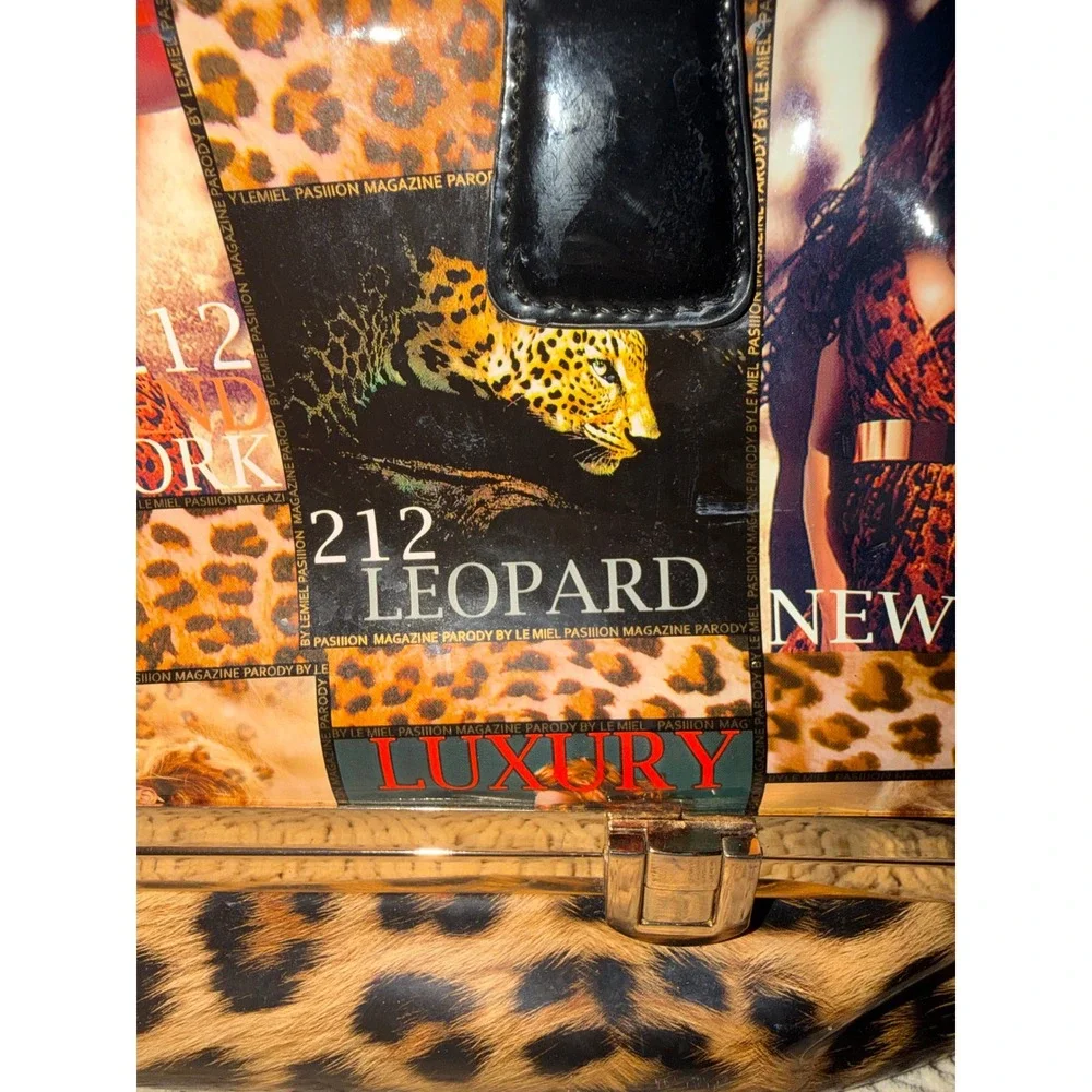 Le Miel Pasiion Leopard Magazine Print Satchel Bag Gold Frame Bottom Compartment